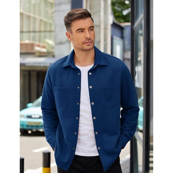 Mens Shacket Long Sleeve Shirt Jacket with Pockets Dark Blue Quilted Overshirt - Picture 2 of 5